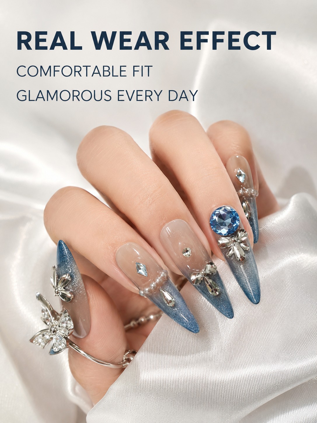 Blue gradient long pointed nail